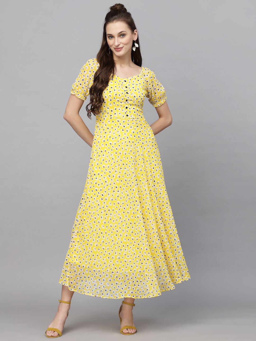 

BAESD Women Floral Printed Sweetheart Neck Puff Sleeves A-Line Dress, Yellow