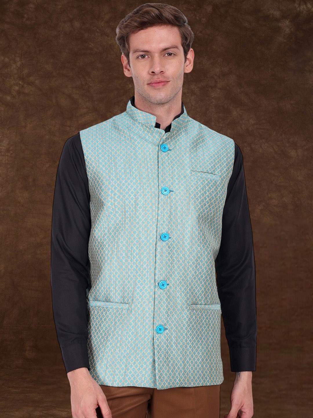 

SKAVIJ Men Printed Woven Nehru Jackets, Turquoise blue