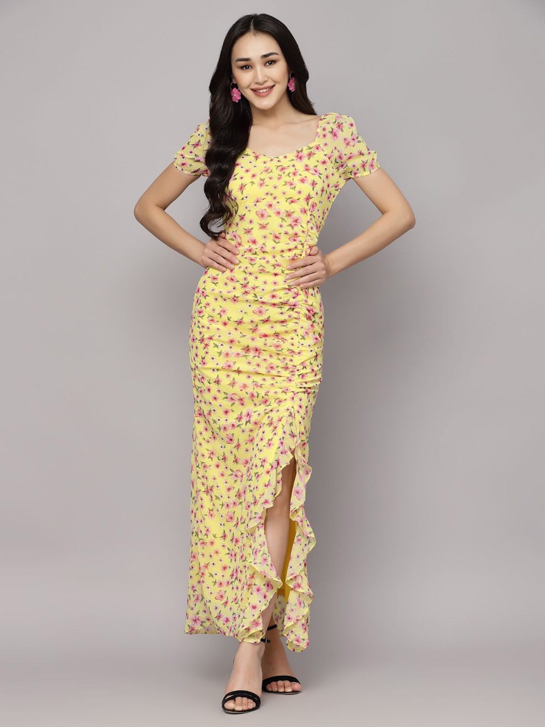 

BAESD women Floral Print Sweetheart Neck Cut-Outs Maxi Dress, Yellow