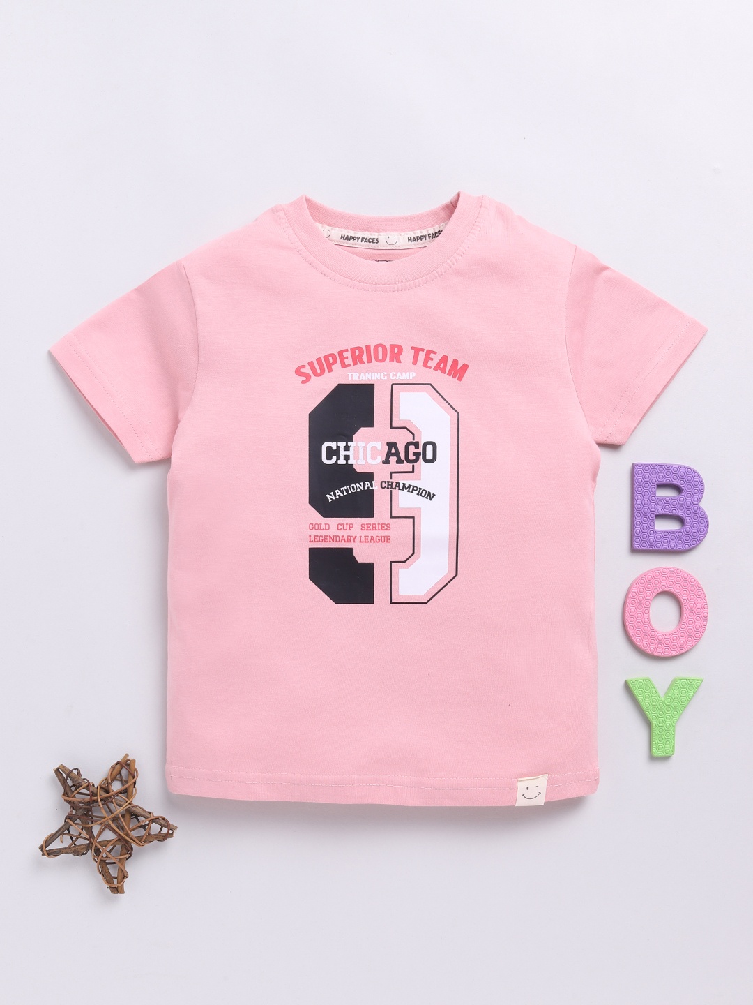 

Happy Faces Boys Pure Cotton Typography Printed T-shirt, Pink