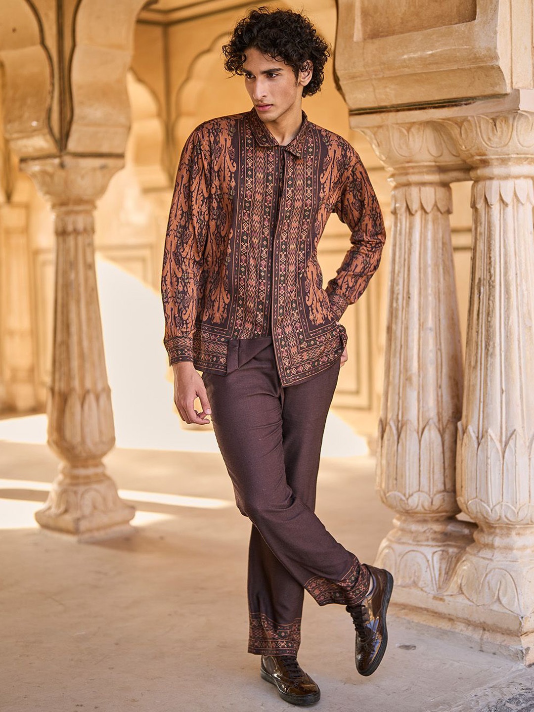 

Dash and Dot Printed Shirt With Trousers Co-Ords, Brown