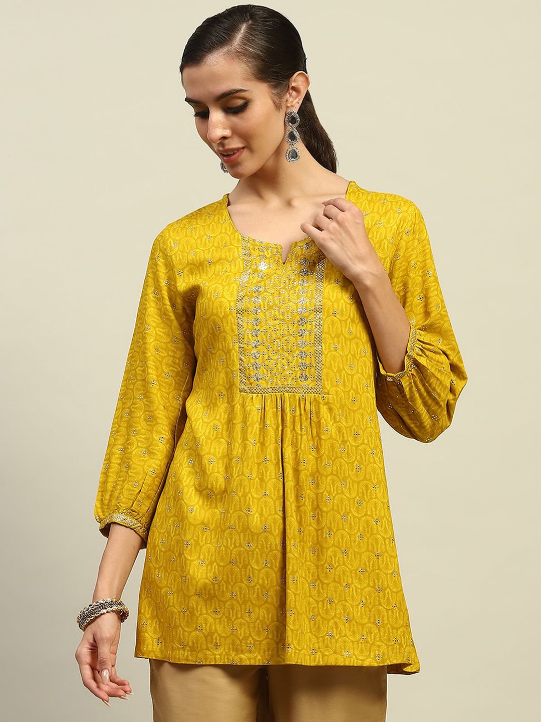 

Rangriti Women Embroidered Flared Sleeves Thread Work Kurta, Yellow