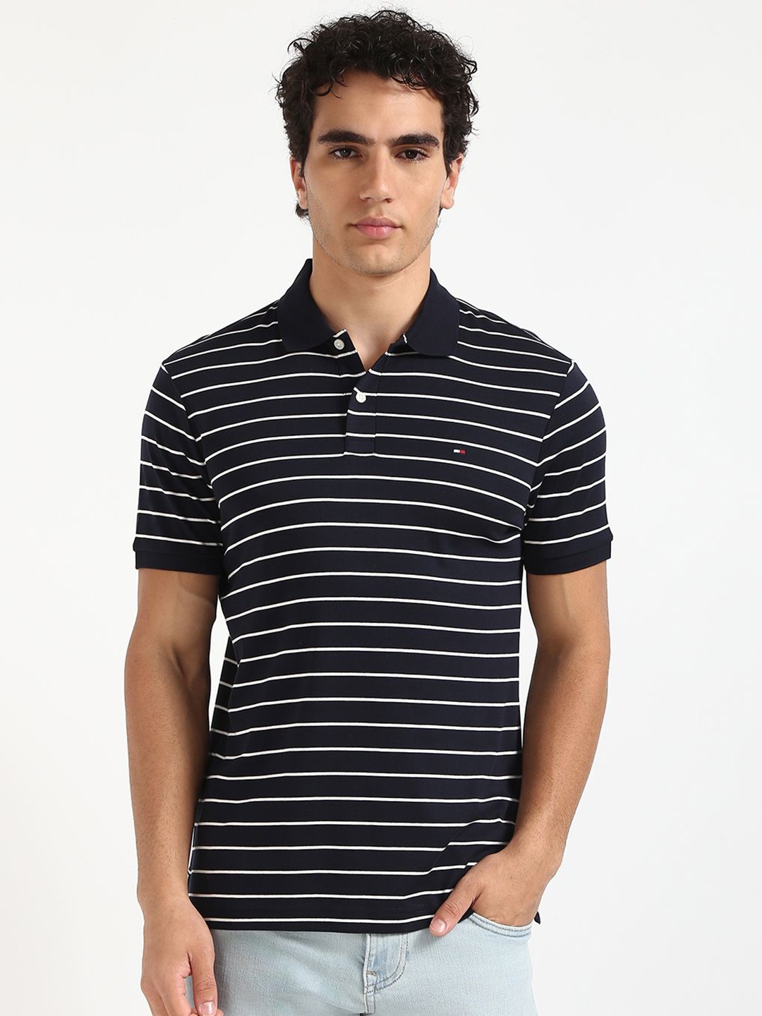 

Tommy Hilfiger Men Striped Polo Collar Cotton T-shirt, Navy blue