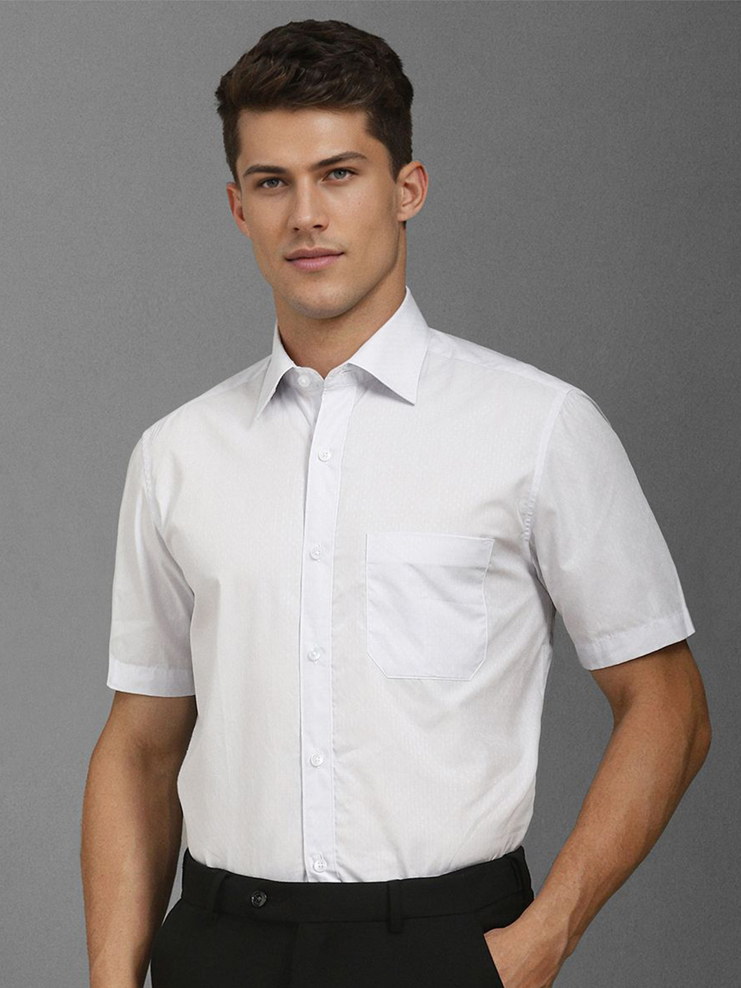 

Louis Philippe Men Classic Spread Collar Textured Cotton Formal Shirt, Grey