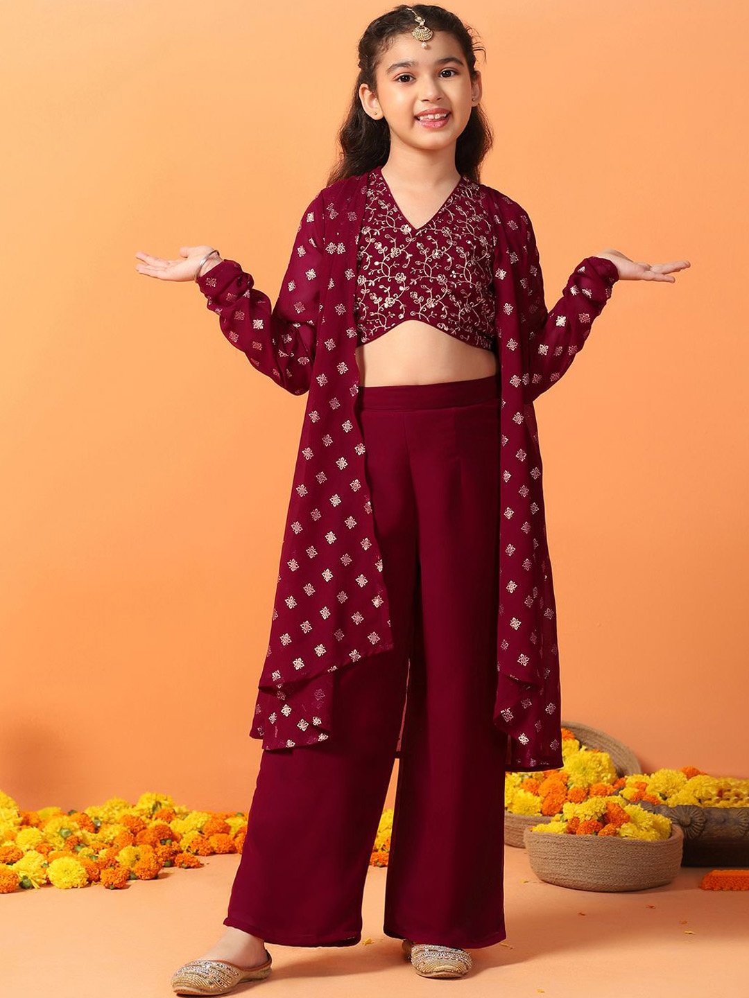 

BAESD Girls Floral Embroidered Regular Top with Palazzos, Maroon
