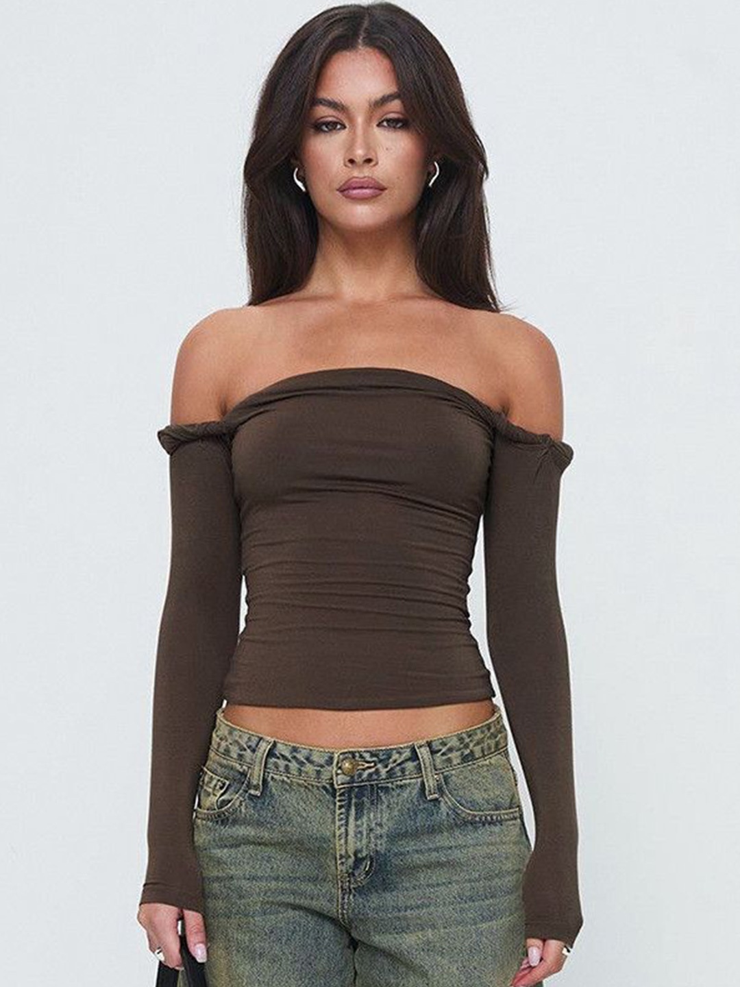 

DressBerry Women Off-Shoulder Bardot Crop Top, Brown