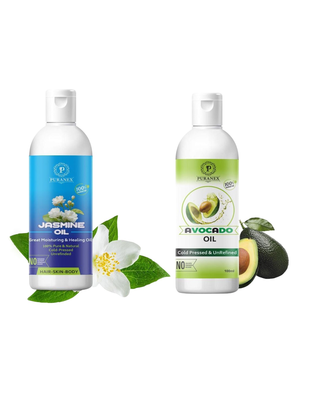 

Puranex Set Of 2 100% Cold Pressed Avocado & Jasmine Oil For Skin & Hair - 100 ml Each, Transparent