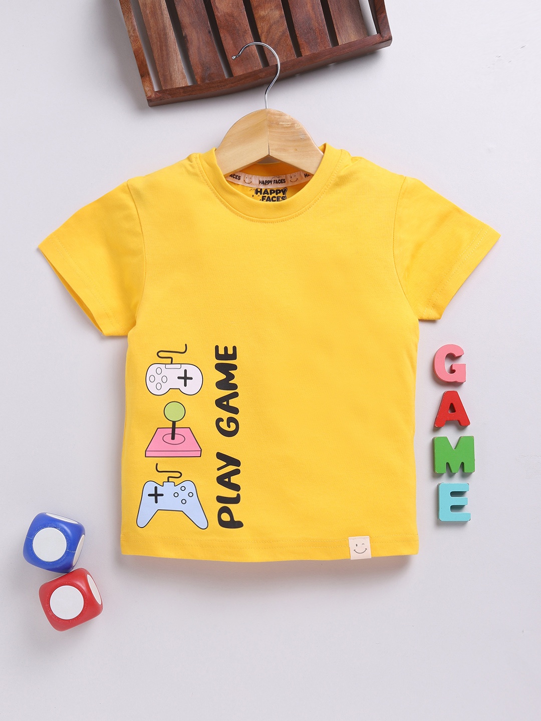 

Happy Faces Boys Pure Cotton Typography & Graphic Printed T-shirt, Yellow