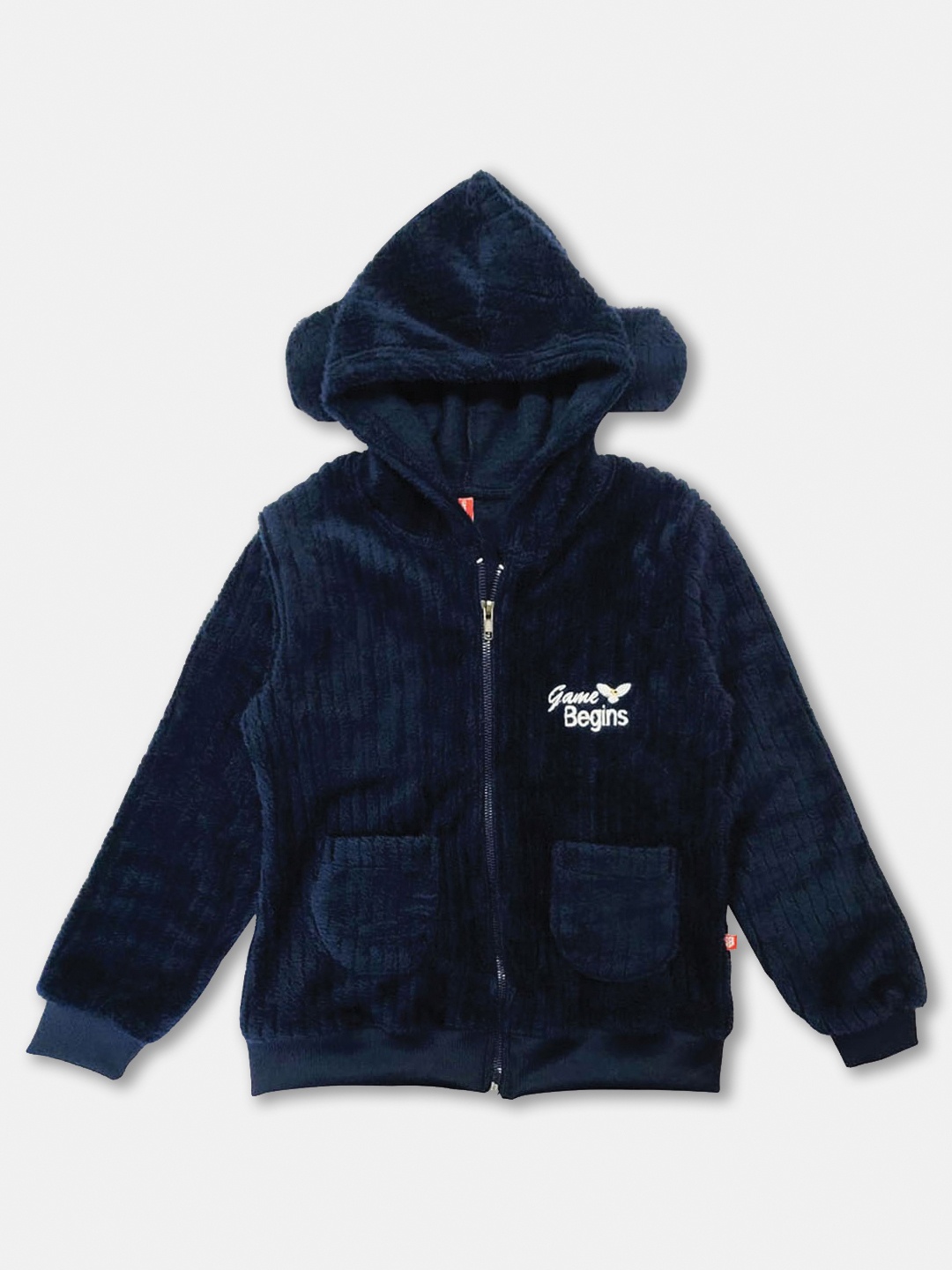 

Here&Now X Game Begins Girls Self-Striped Hooded Fleece Fuzzy Sweatshirt, Navy blue
