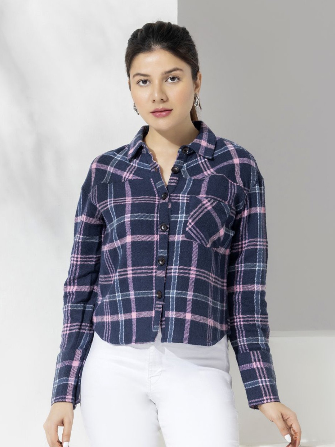 

Aumbe Women Spread Collar Tartan Checked Cotton Casual Shirt, Navy blue