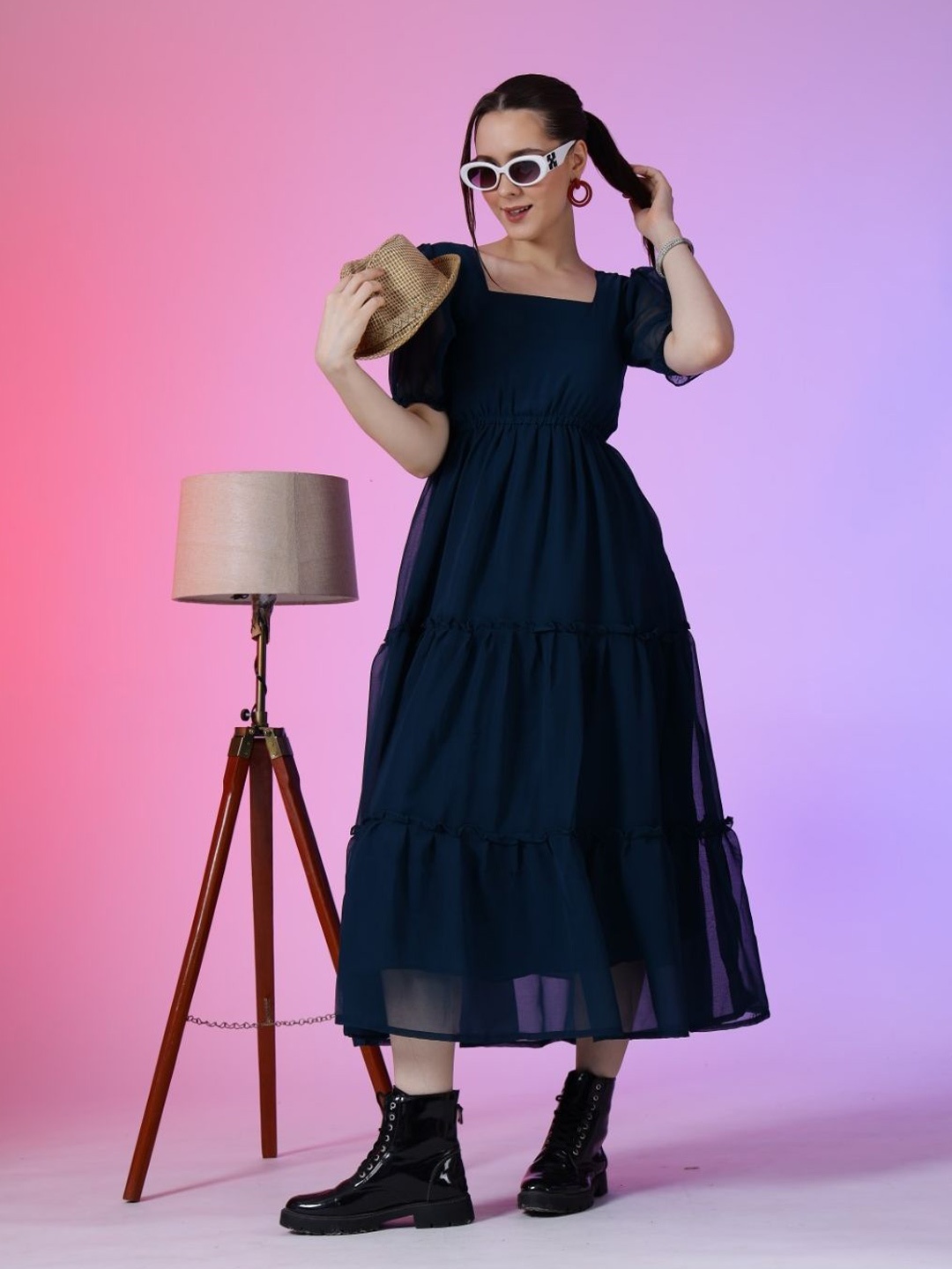 

Femvy Women Puff Sleeve Georgette Fit & Flare Midi Dress, Navy blue