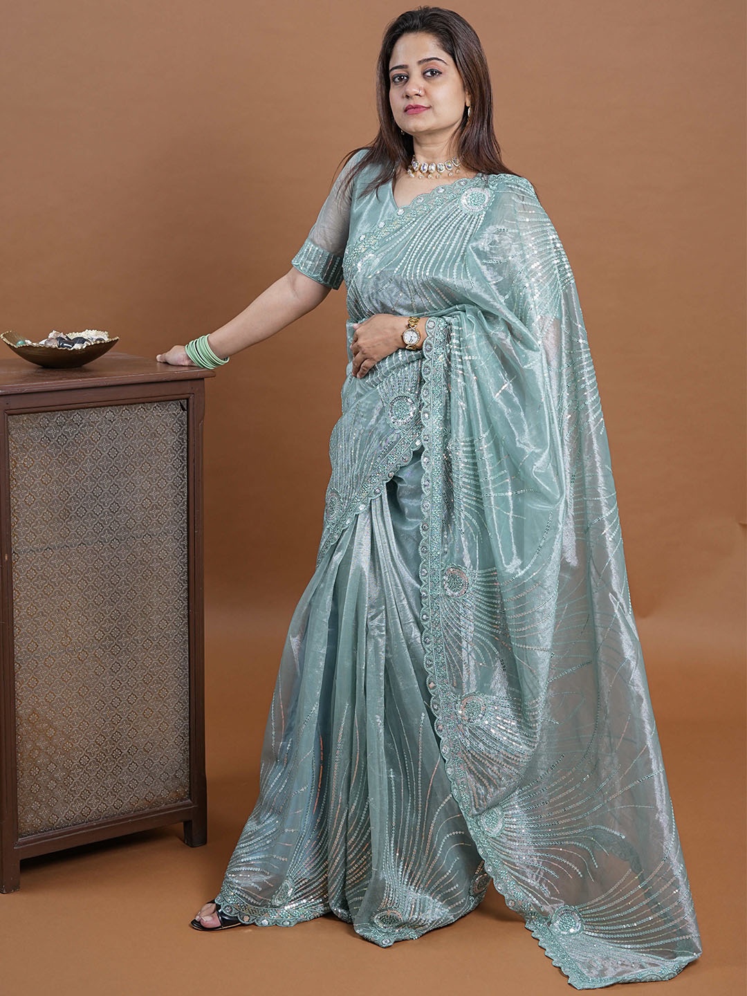 

Munir Embellished Beads and Stones Tissue Saree with Designer Embroidred Blouse, Blue