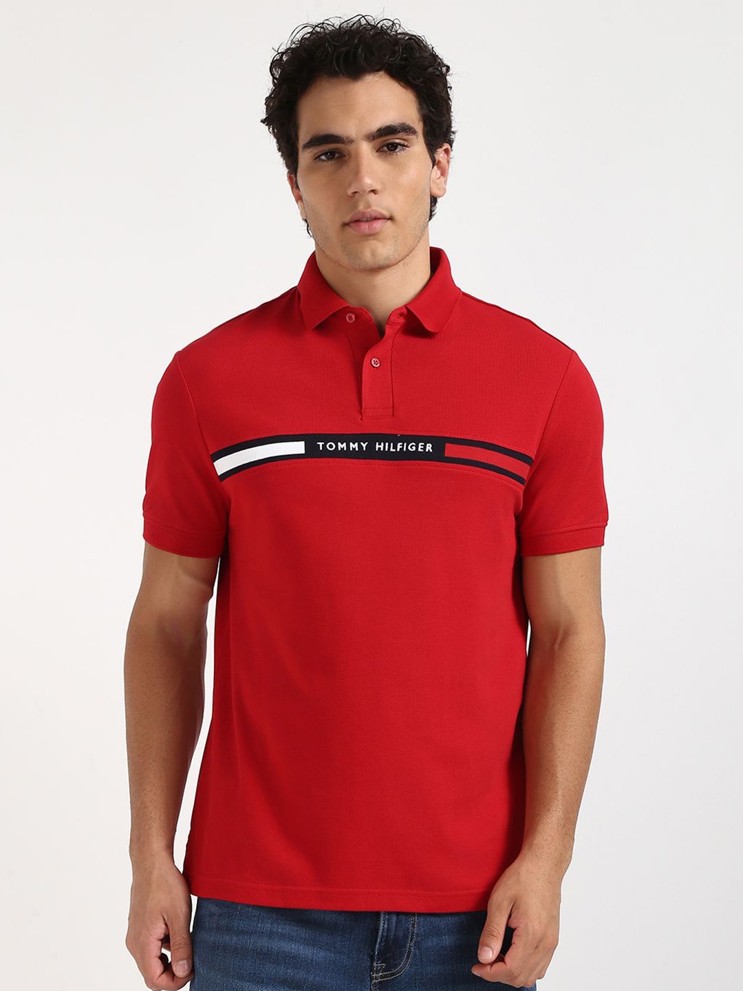 

Tommy Hilfiger Men Typography Printed Polo Collar Cotton T-shirt, Red