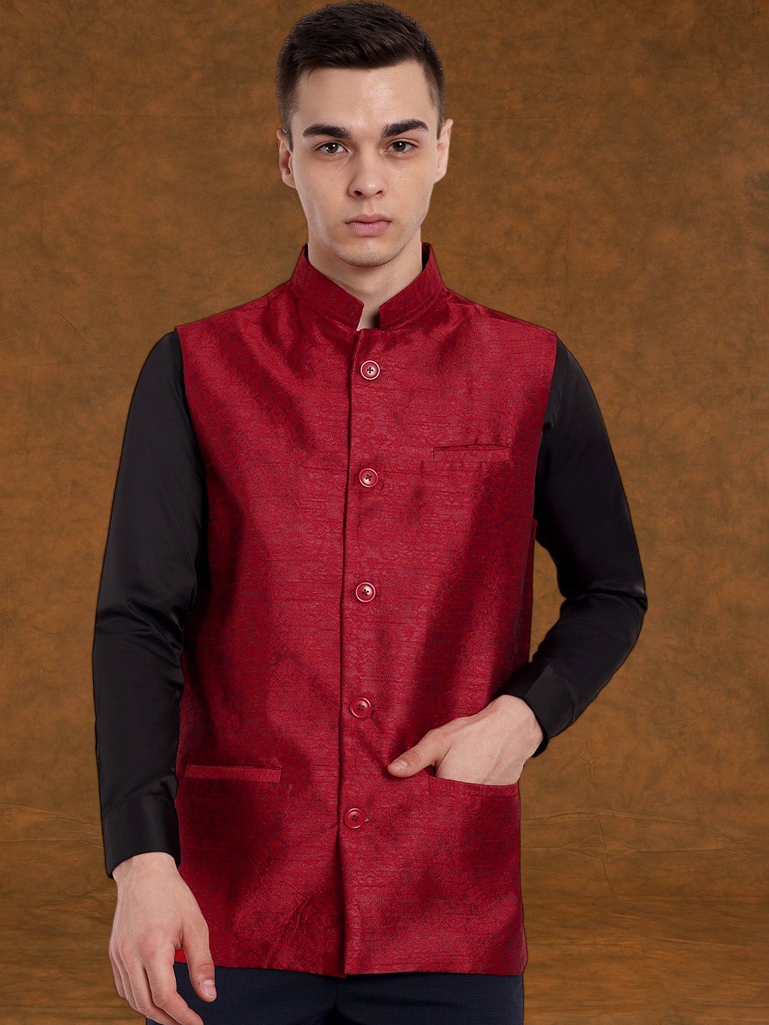 

SKAVIJ Men Woven Design Nehru Jacket, Red