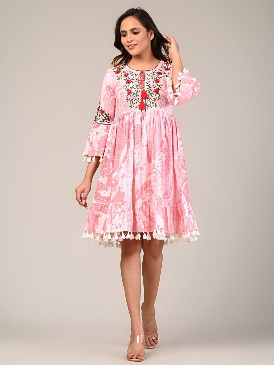 

Zolo Label Women Floral Embroidered Cotton Fit & Flare Dress, Pink