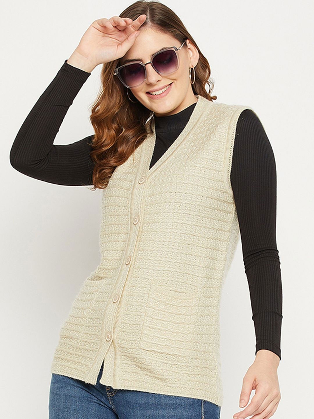 

Zigo Women V-Neck Sleeveless Cardigan Sweater, Beige