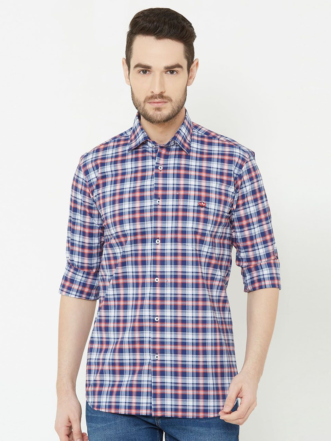 

Khatuji706 Men Comfort Spread Collar Tartan Checked Cotton Casual Shirt, Blue