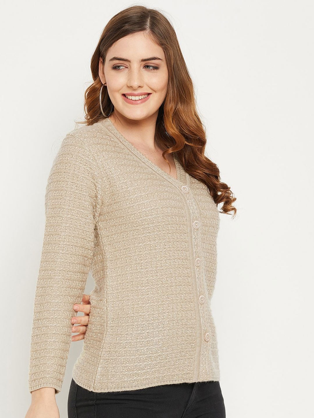 

Zigo Women Cable Knit Woollen Crop Cardigan, Beige