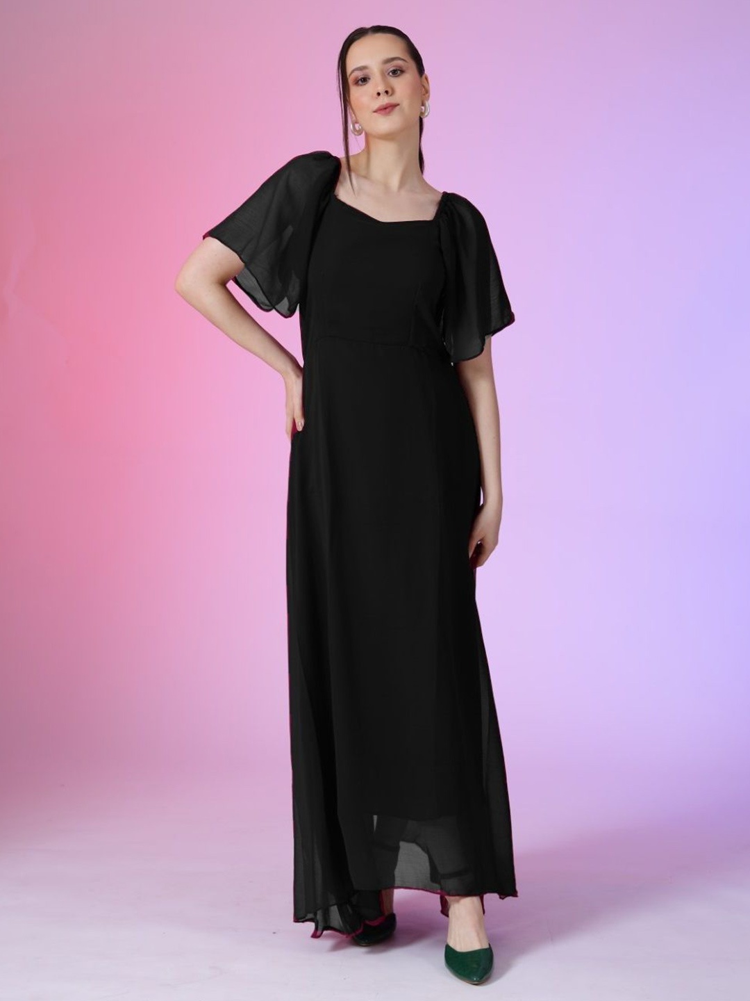 

Raiyani Enterprise Georgette Square Neck Flutter A-Line Sleeves, Black