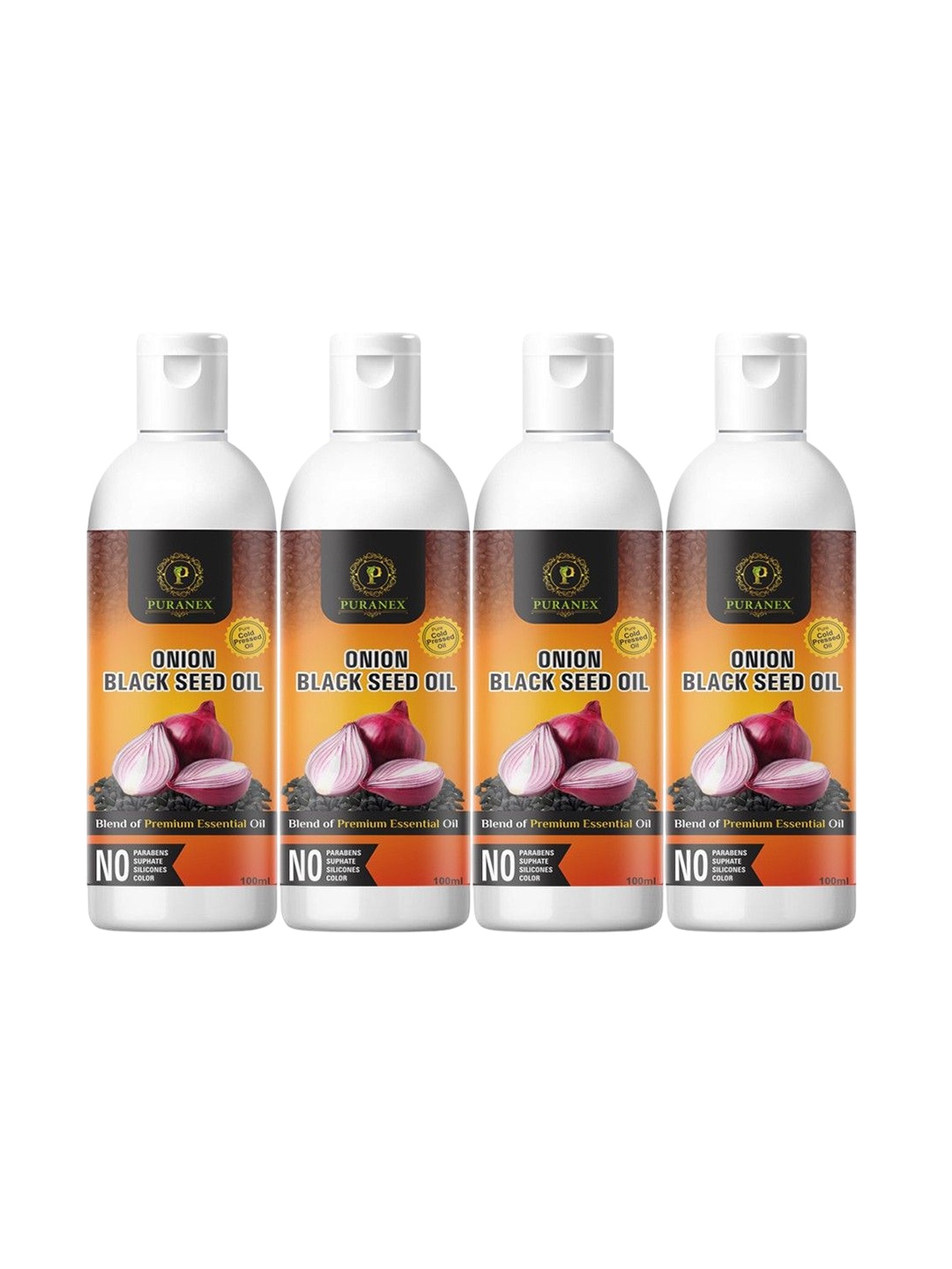 

Puranex Set Of 4 100% Cold Pressed Onion Black Seed Hair Oil For Growth - 100 ml Each, Transparent