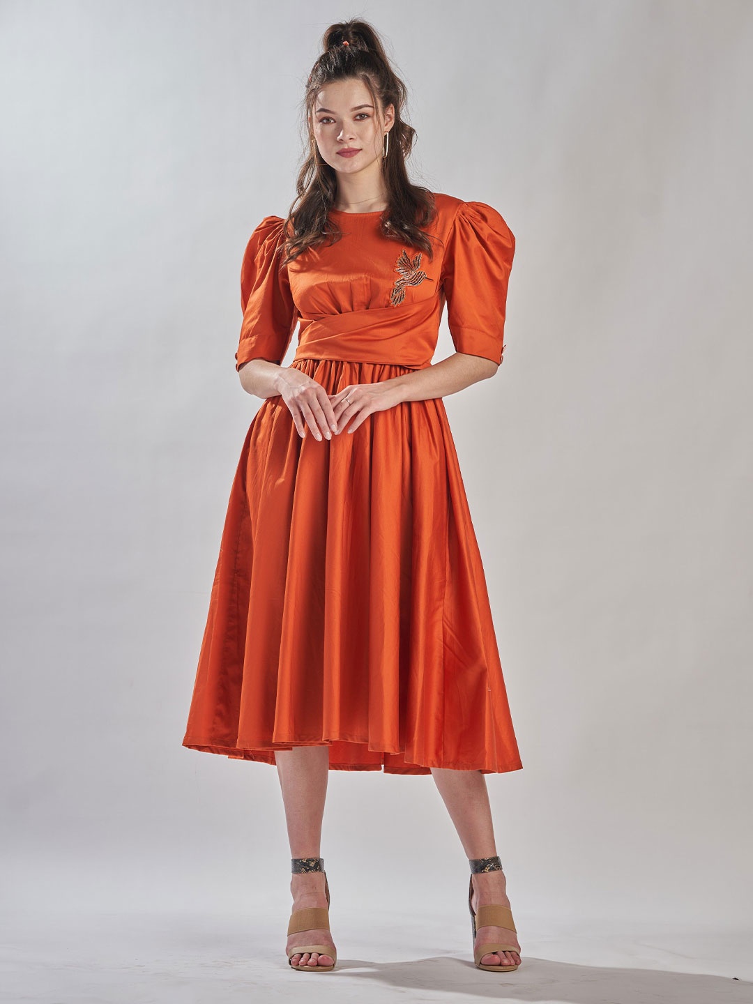 

ZILAIRE Women Round Neck Puff Sleeve Cotton Fit & Flare Dress, Rust