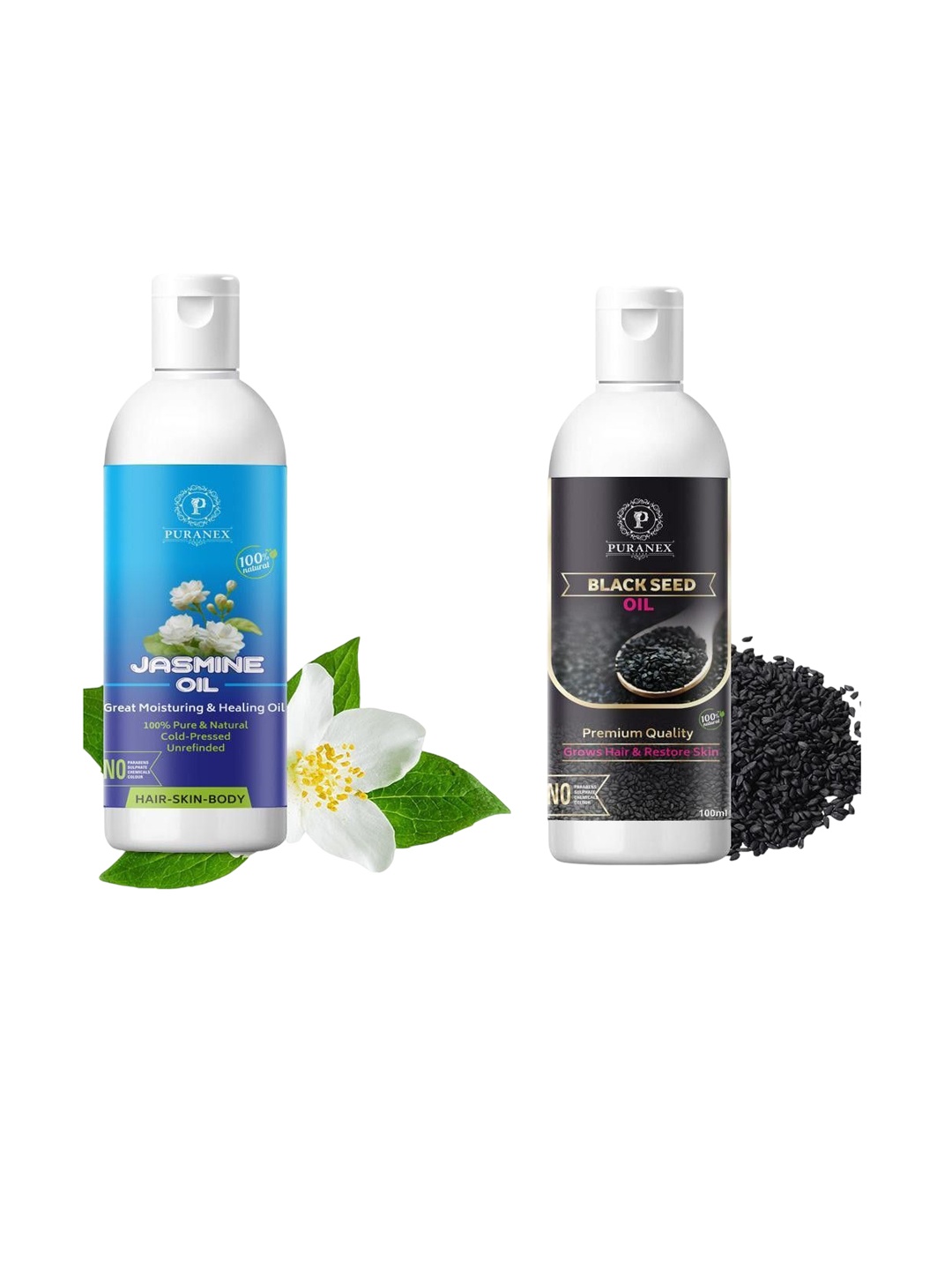 

Puranex Set Of 2 100% Natural & Pure Jasmine & Black Seed Oil For Skin & Hair - 100ml Each, Transparent