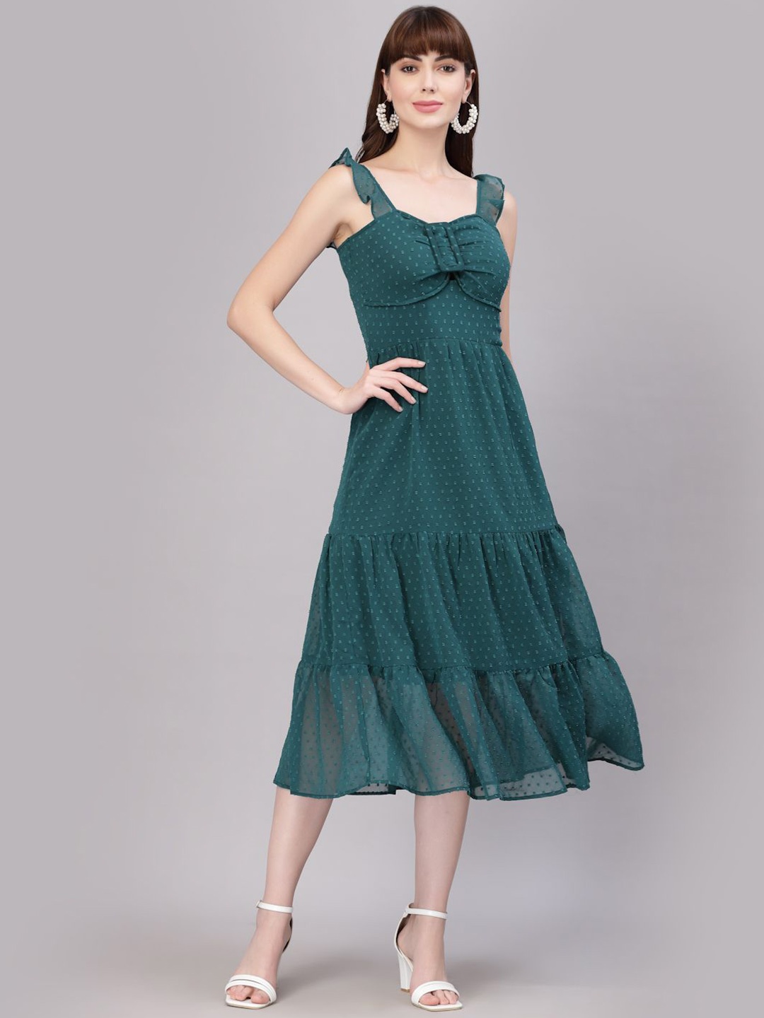 

BAESD Layered Women Self Design Tiered Fit & Flare Midi Dress, Green