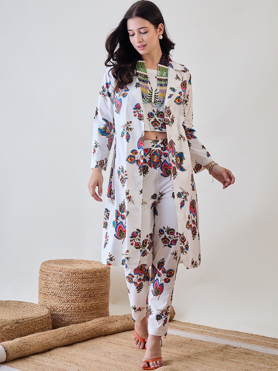 

The Kaftan Company Printed Top & Shrug With Trousers Co-Ords, White
