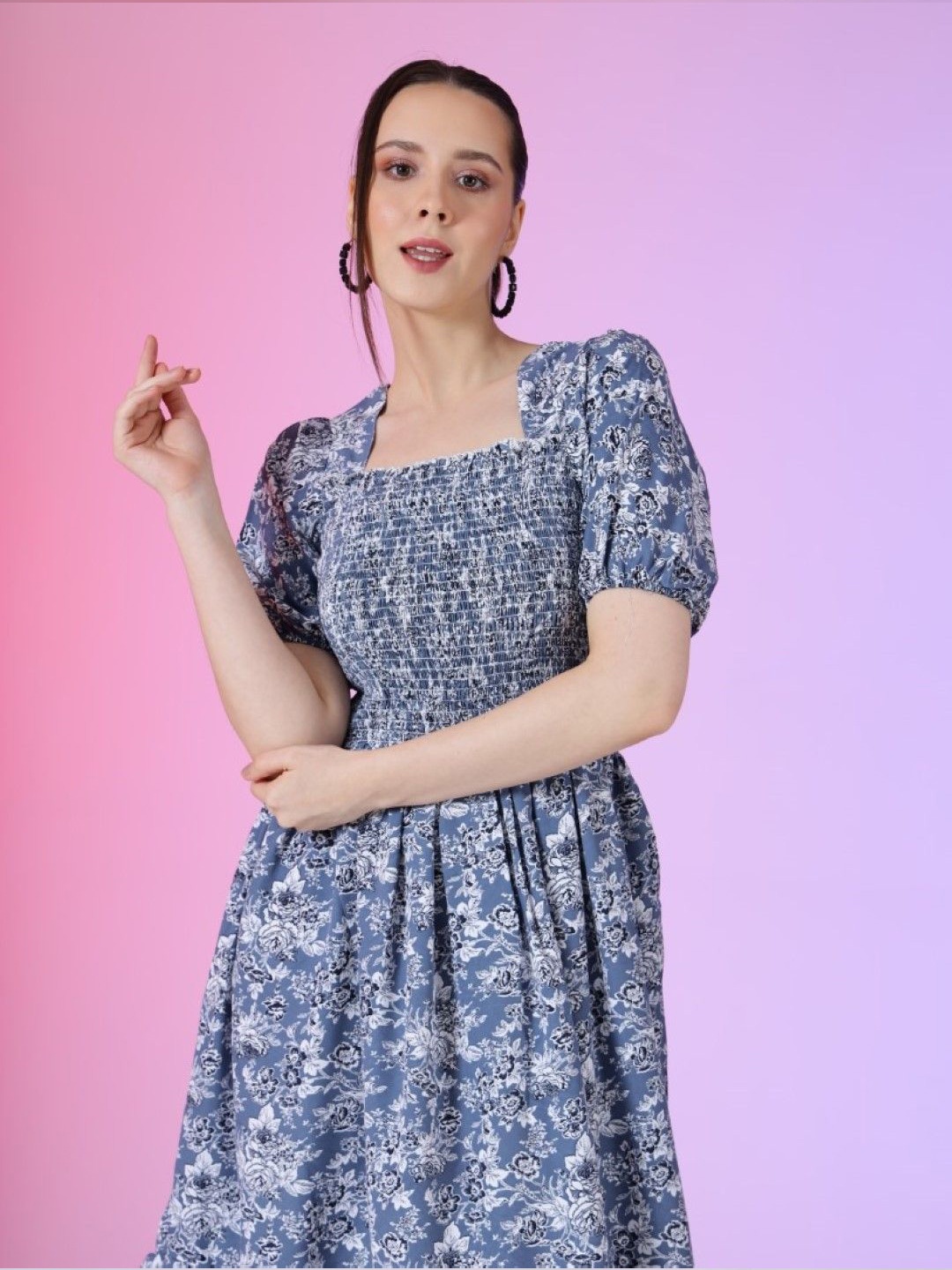 

Raiyani Enterprise Women Floral Printed Smocked Fit & Flare Dress, Blue