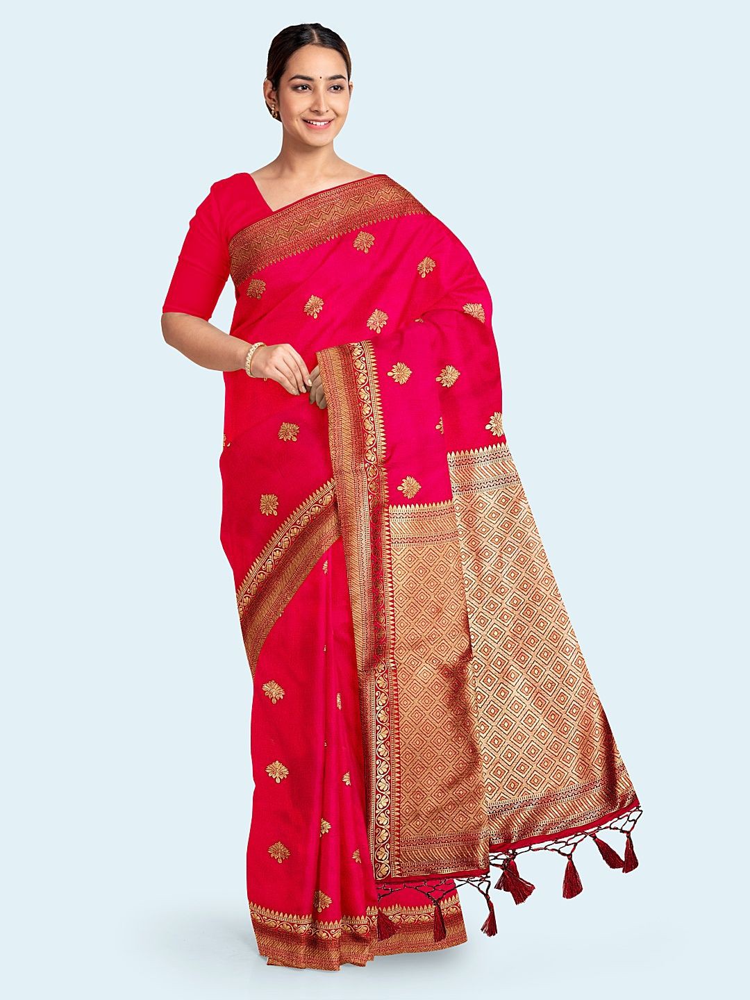 

Meena Bazaar Ethnic Motifs Woven Art Silk Saree With Unstitched Blouse Piece, Red
