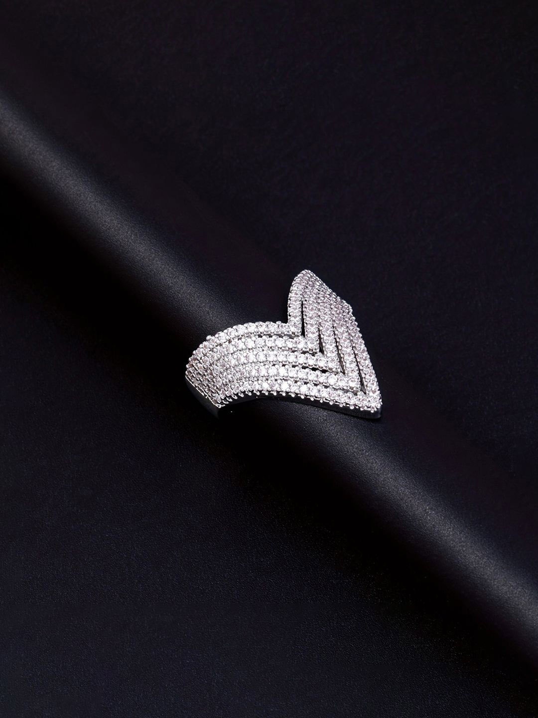 

Jewels Galaxy Silver-Plated Anti Tarnish AD Stone Studded Adjustable Finger Ring