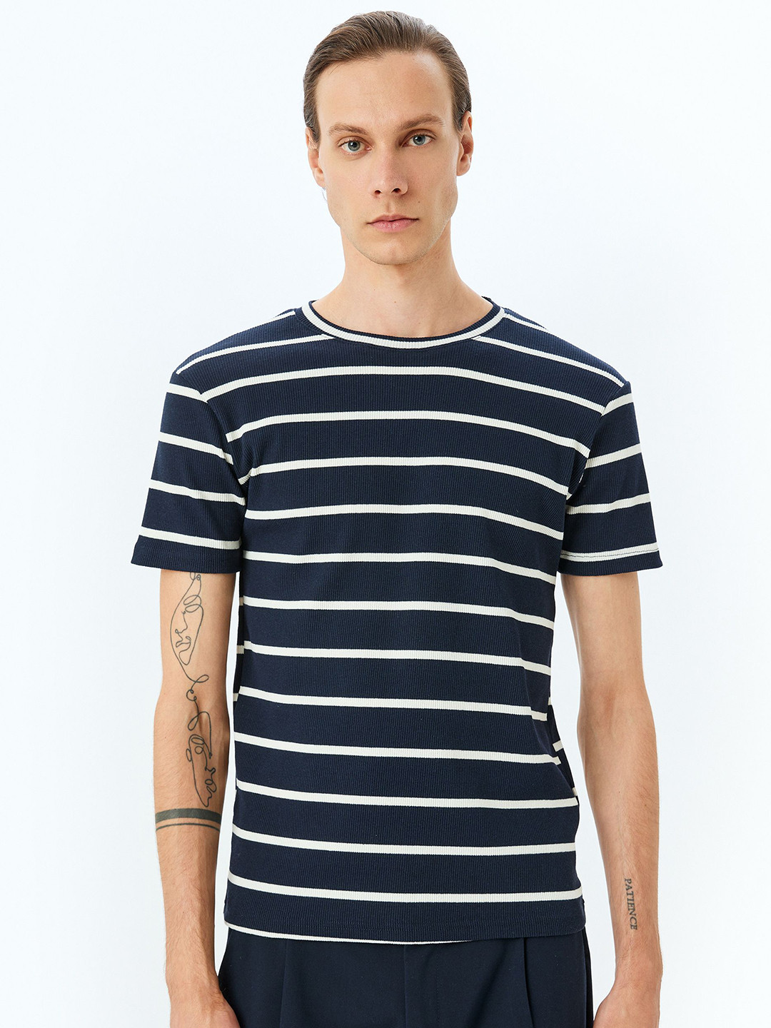 

Koton Men Striped Round Neck Slim Fit T-shirt, Navy blue