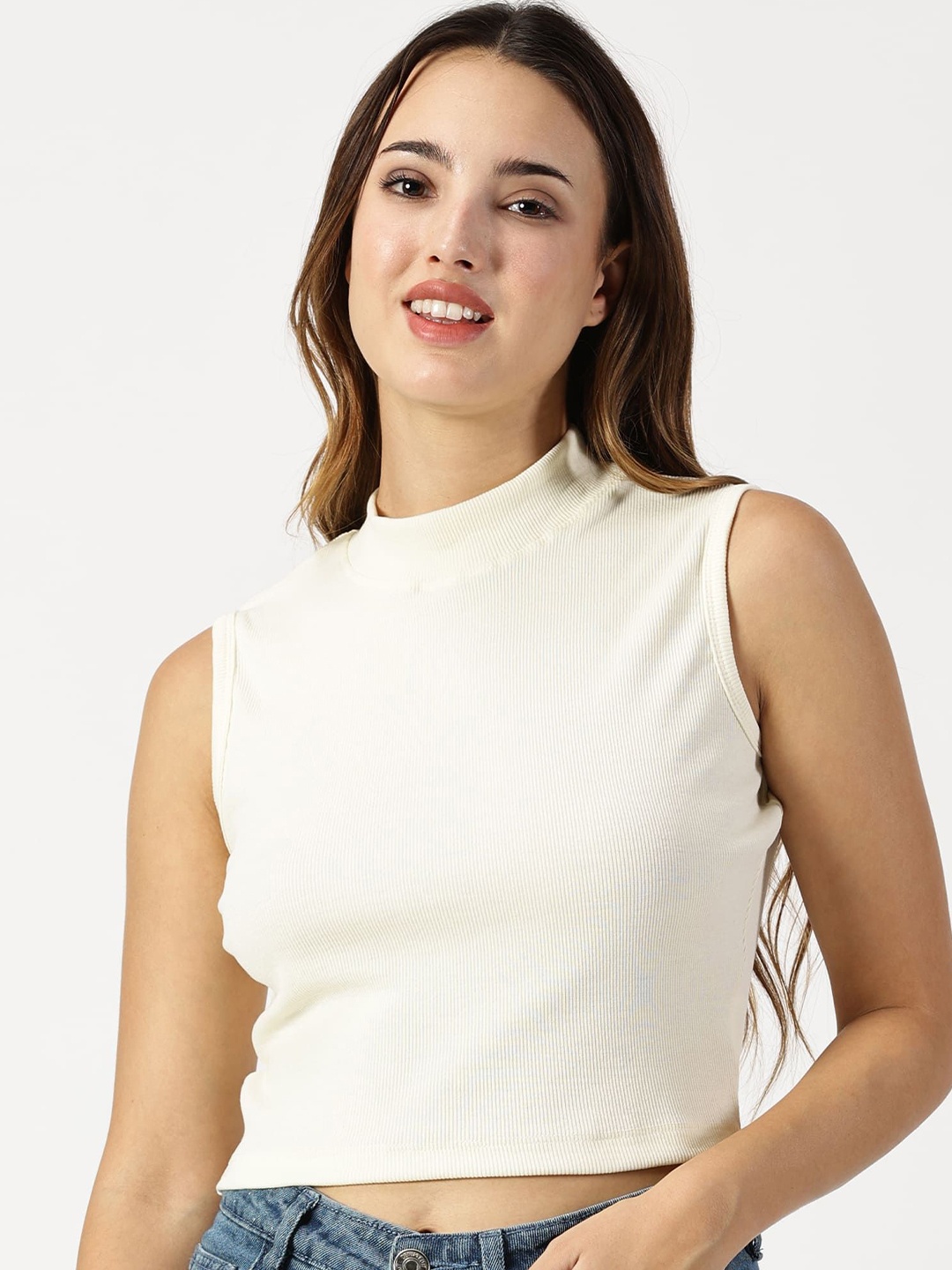 

RAVINIK Women High Neck Crop Top, Off white
