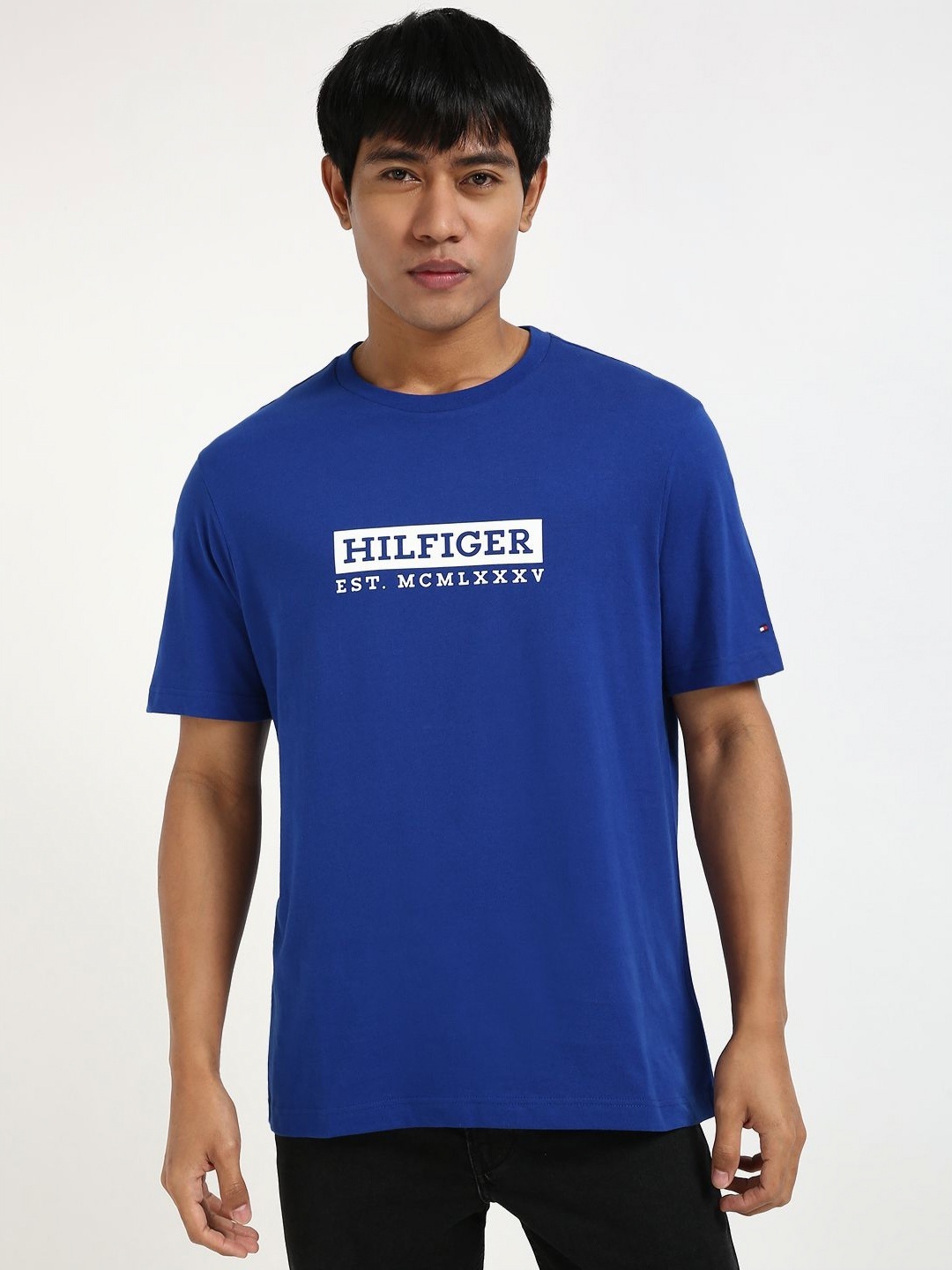 

Tommy Hilfiger Men Typography Printed Round Neck Cotton T-shirt, Blue