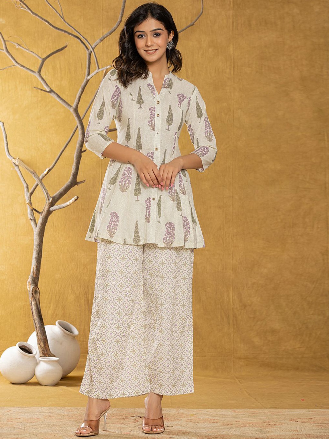 

BAESD Printed Cotton Top With Trouser Co-Ords, Cream