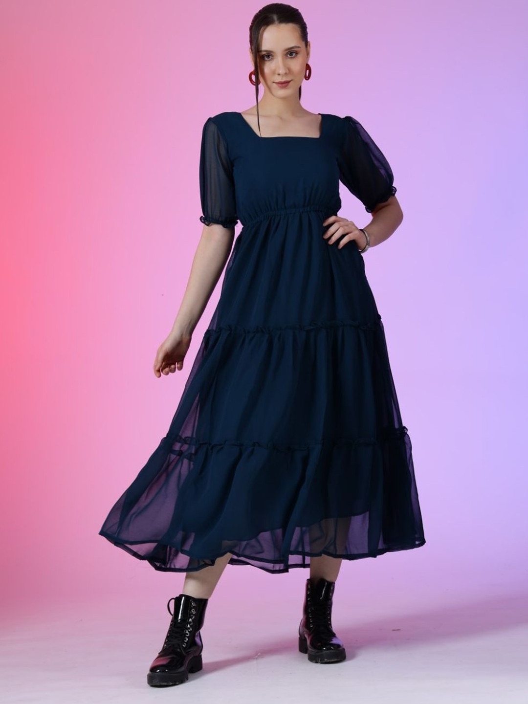 

Raiyani Enterprise Women Puff Sleeve Tiered Fit & Flare Midi Dress, Blue