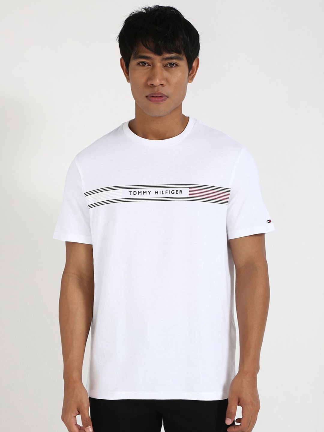 

Tommy Hilfiger M PAUL Men Striped Round Neck Cotton T-shirt, White