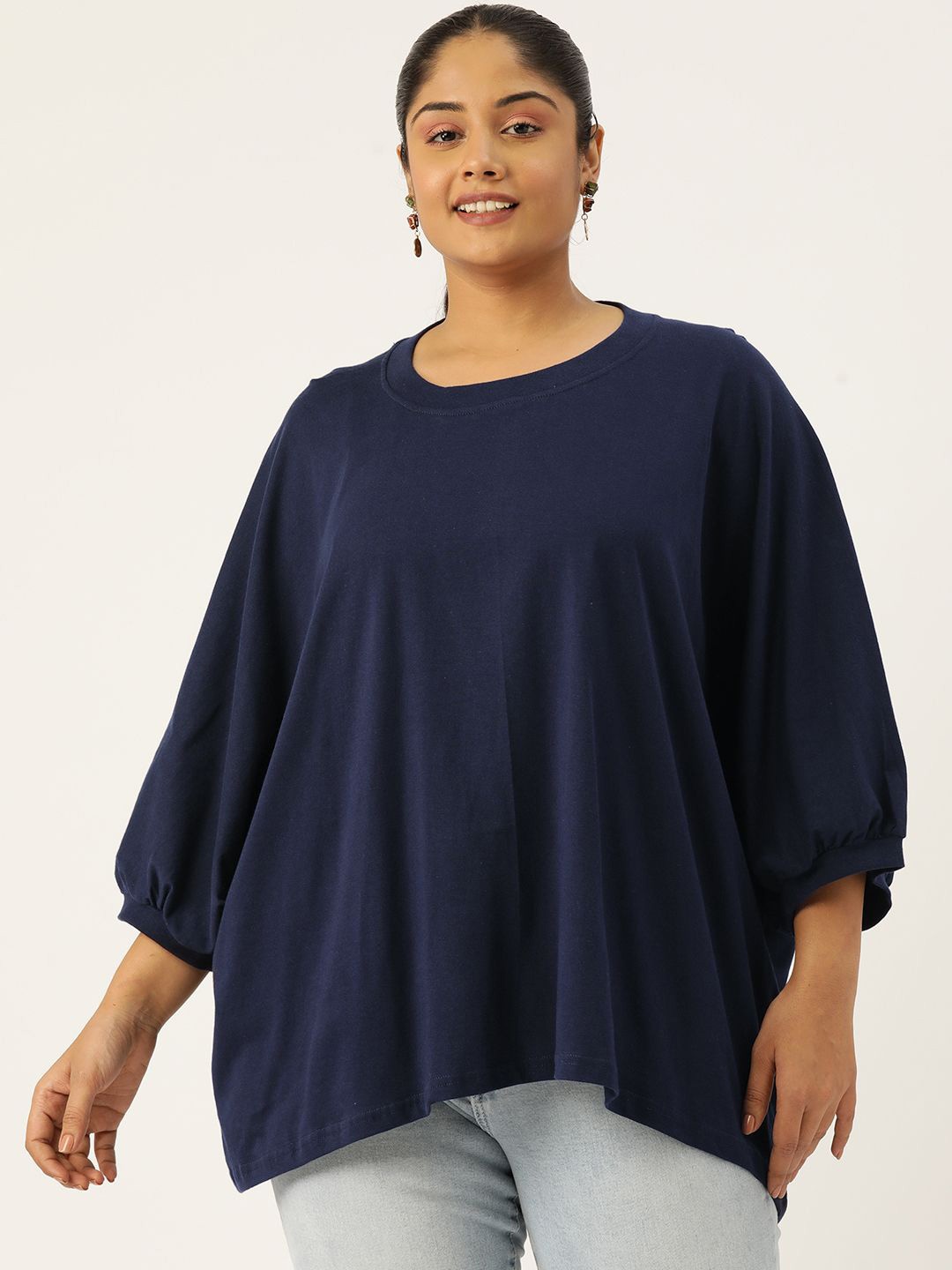 

theRebelinme Women Plus Size Pure Cotton Longline Top, Navy blue