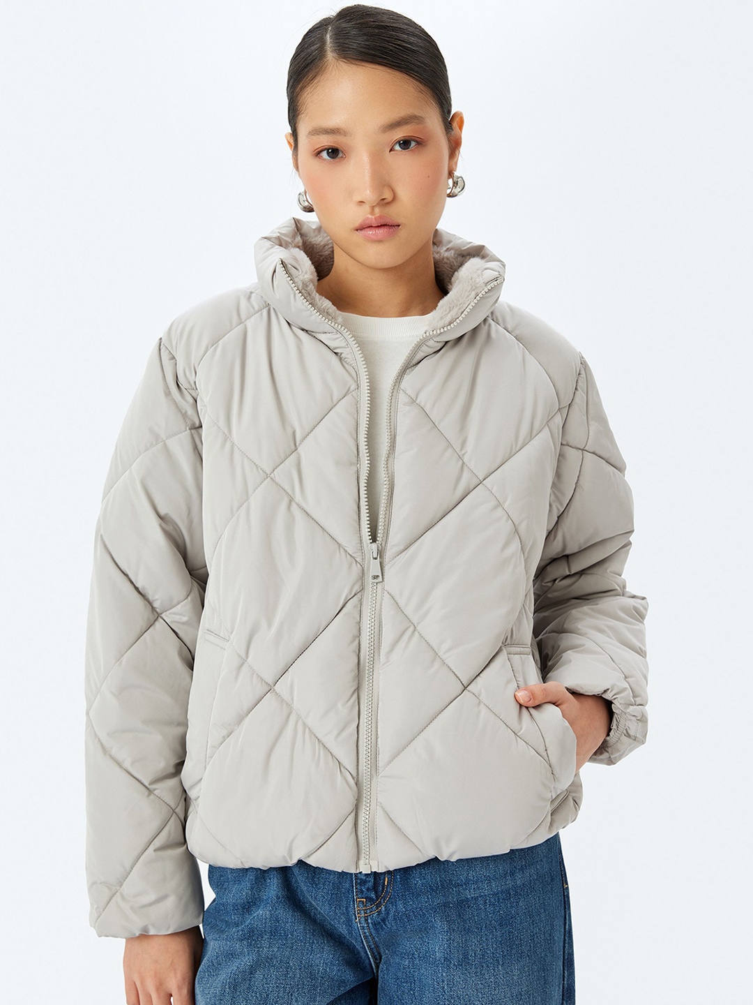 

Koton Women Colourblocked Longline Puffer Jacket, Grey