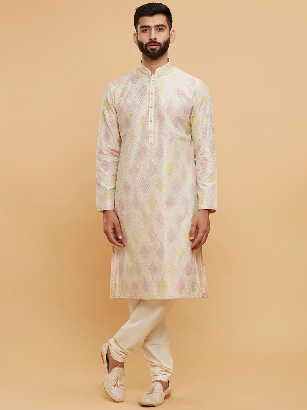 

Twamev Men Regular Chanderi Cotton Kurta with Churidar, Beige