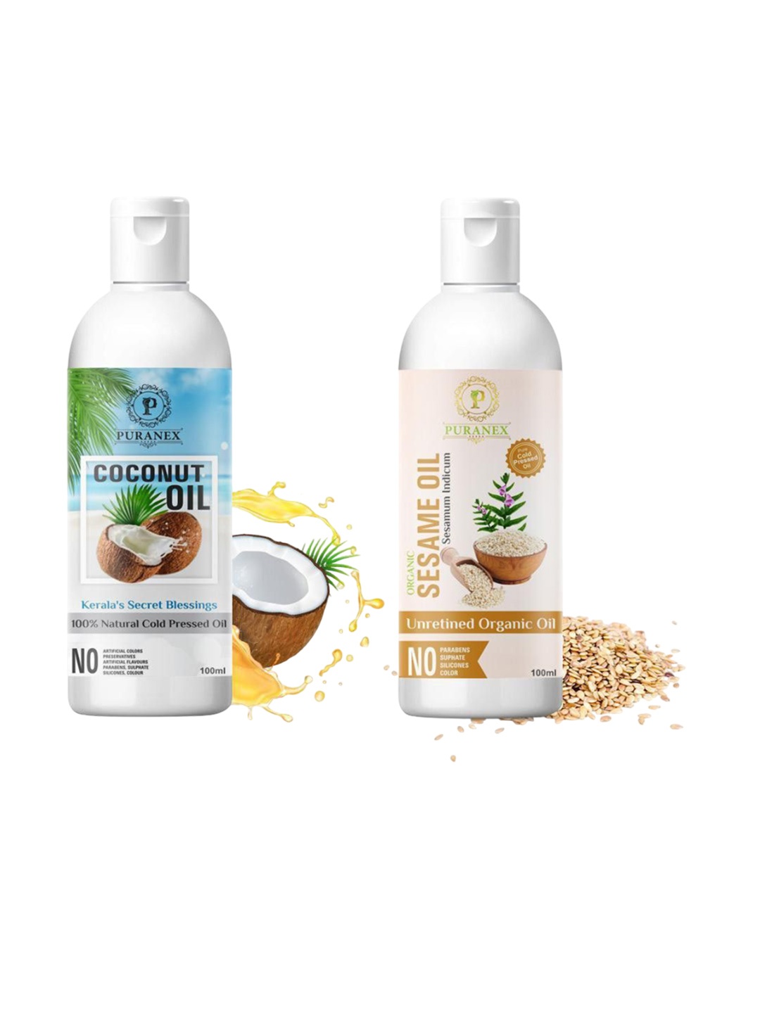 

Puranex Set Of 2 Pure & Natural Coconut Oil & Sesame Oil - 100 ml Each, Transparent