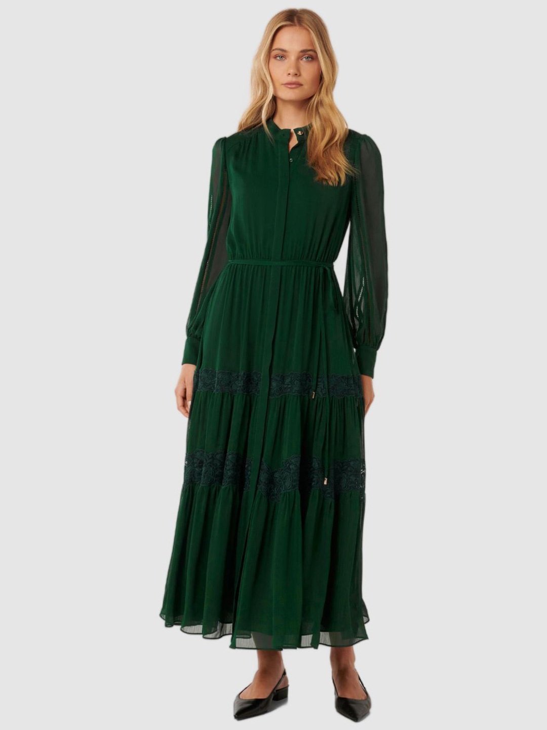 

Forever New Women Mandarin Collar Bishop Sleeve Fit & Flare Maxi Dress With Belt, Green