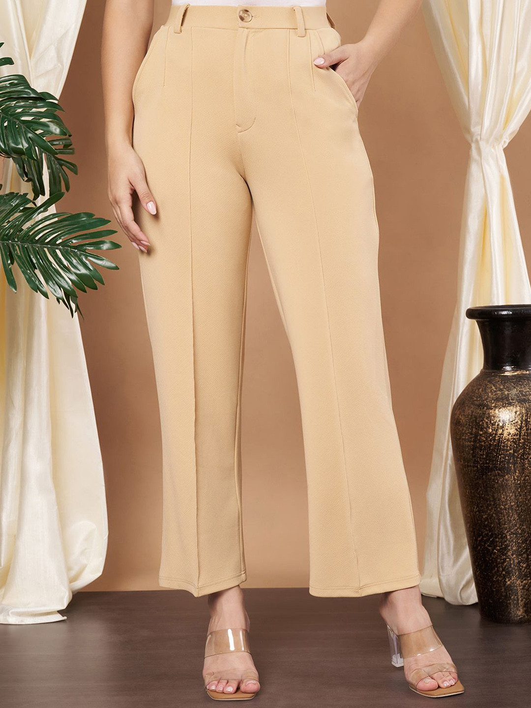 

Slenor Women Relaxed Straight Fit High-Rise Parallel Trousers, Beige