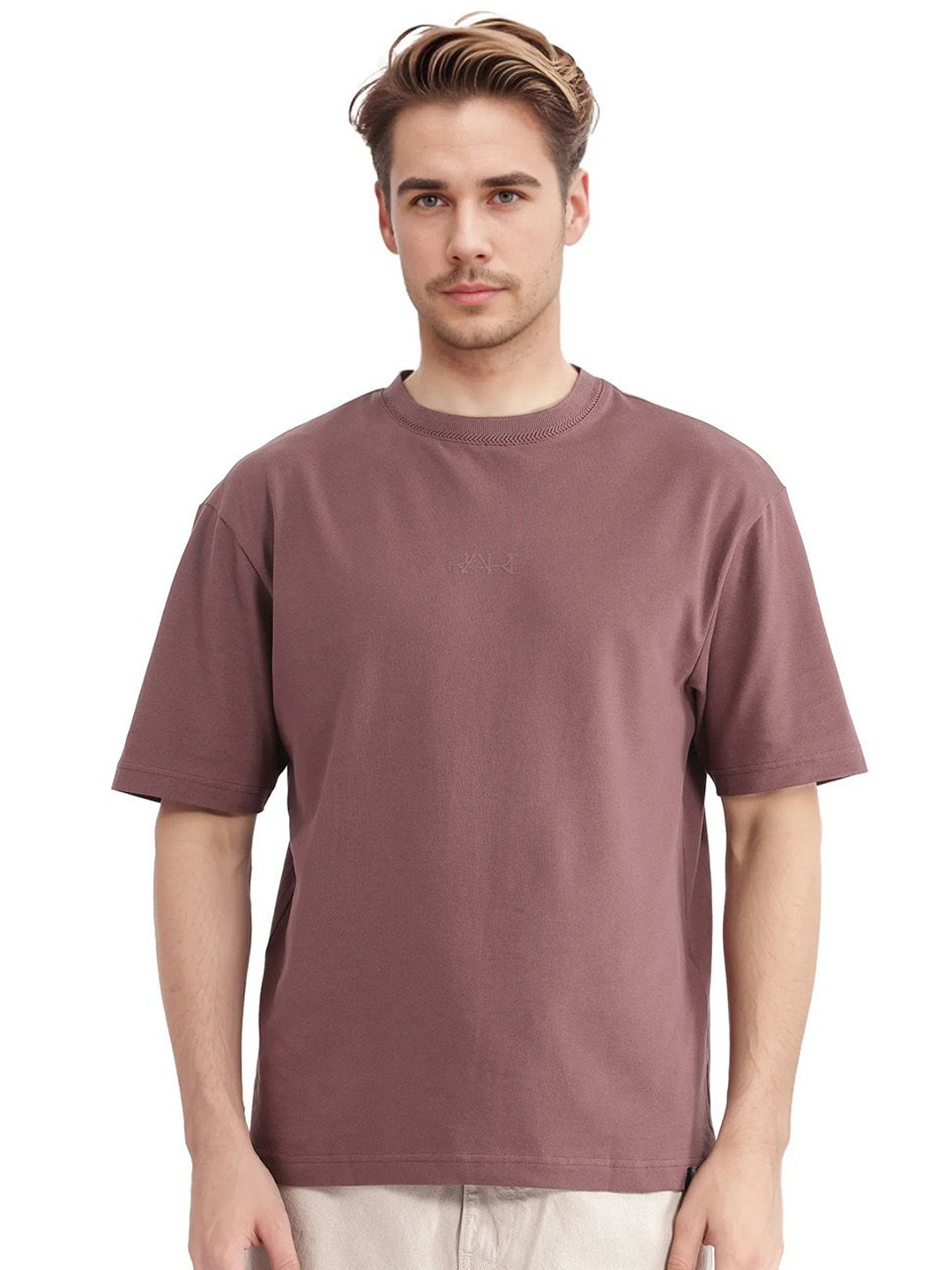 

RARE RABBIT Men Solid Round Neck Cotton Oversized T-shirt, Red