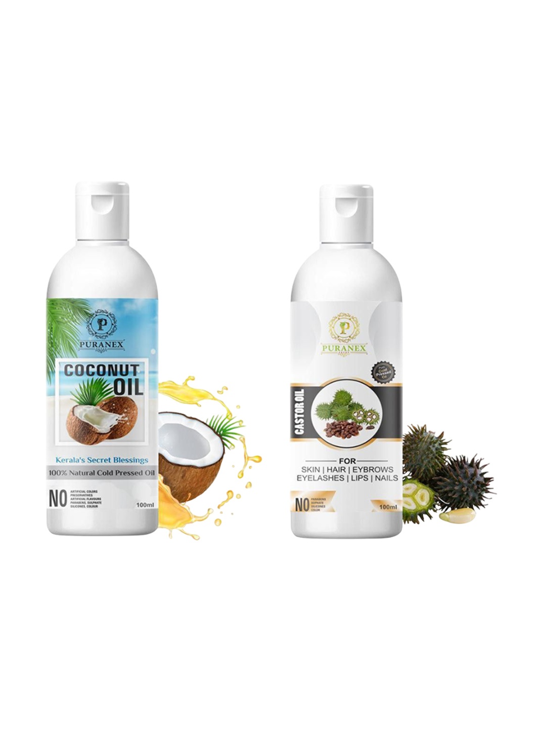 

Puranex Set Of 2 Coconut Oil & Castor Oils - 100 ml Each, Transparent