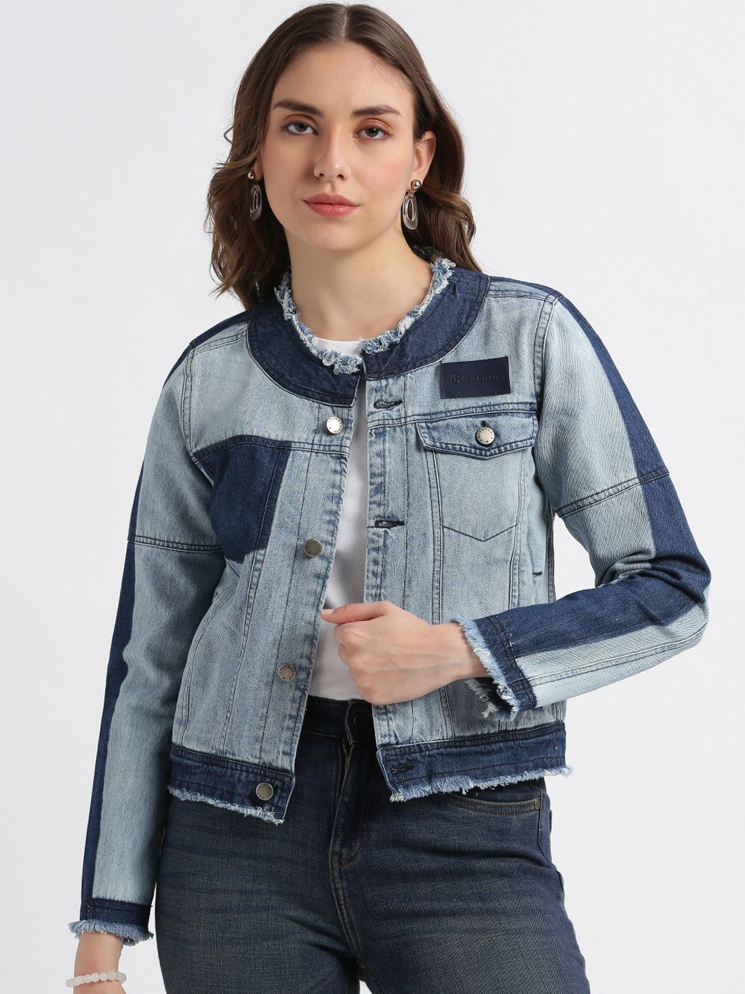 

Grit and Flair Women Washed Cotton Crop Denim Jacket, Blue