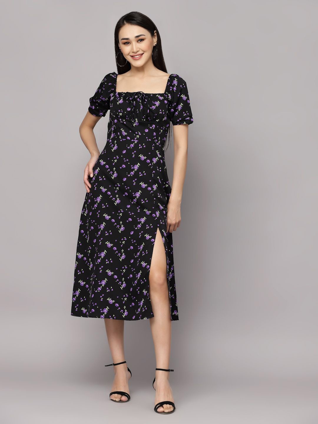 

BAESD Women Floral Print Puff Sleeve A-Line Midi Dress, Black