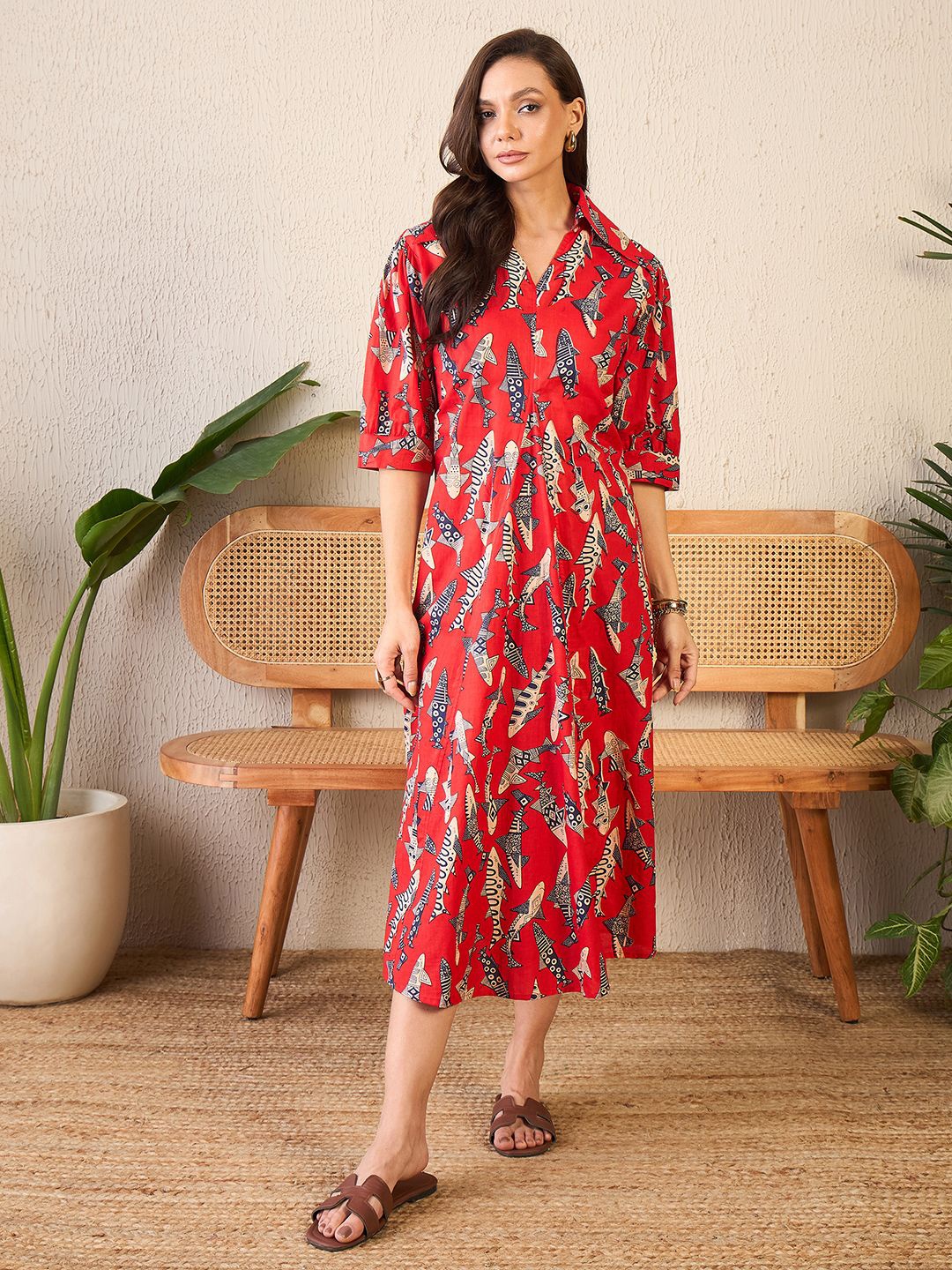 

Uptownie Front Pleated Cotton Midi Dress, Red