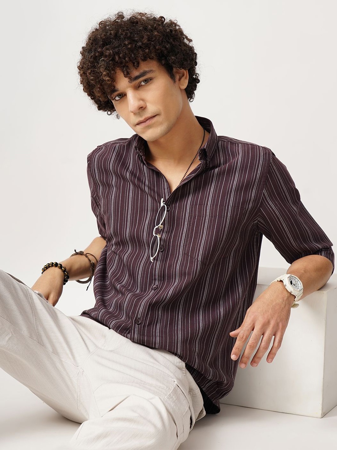 

British Club Men Comfort Button-Down Collar Vertical Striped Cotton Casual Shirt, Burgundy