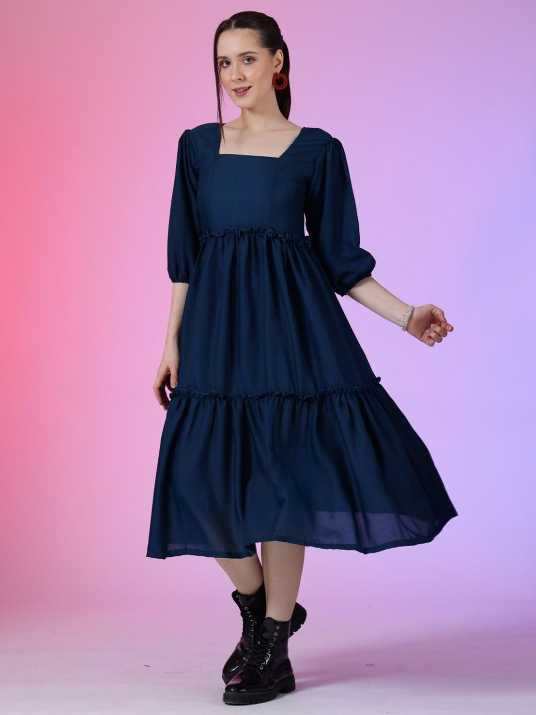 

Femvy Women Square Neck Fit & Flare Midi Dress, Blue